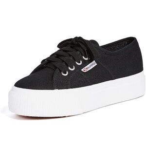 Superga Black Canvas Platform Sneakers with White Sole